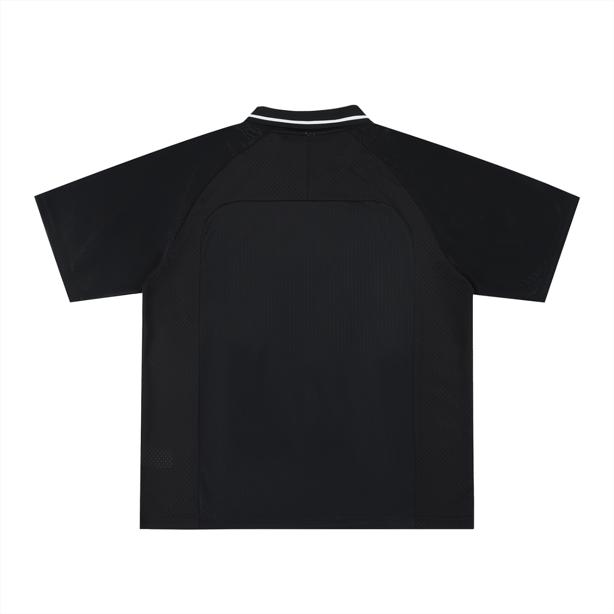 Black athletic polo shirt with mesh back and white collar trim