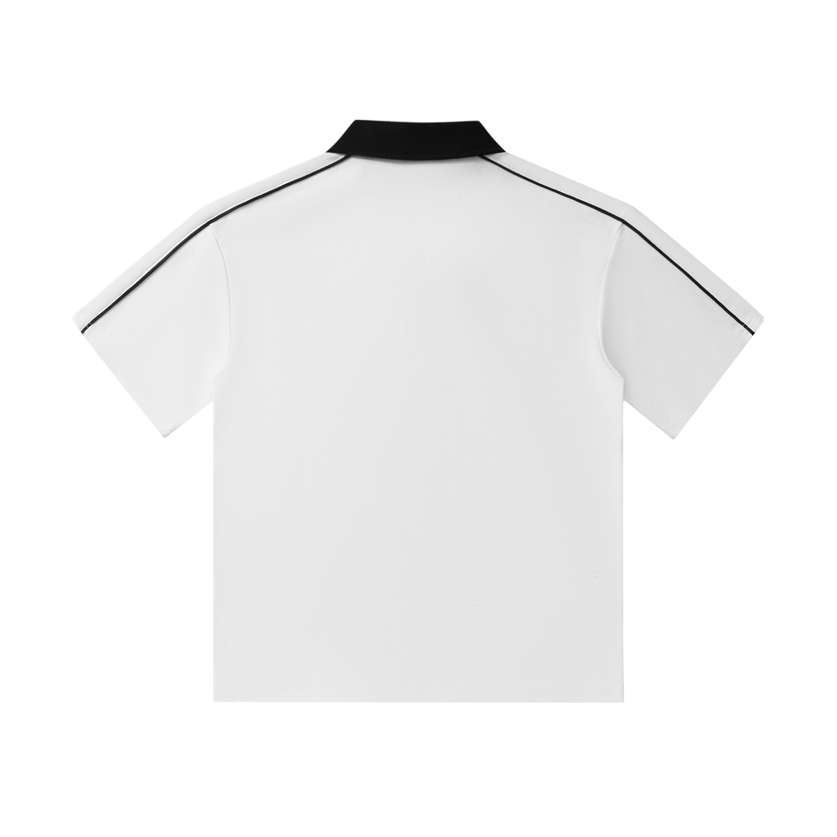 White polo shirt with black collar and trim, modern Italian-inspired design